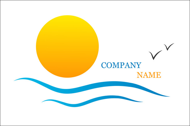 Επιχειρησιακό λογότυπο με την θάλασσα, τα κύματα, ήλιο και γλάροι - Διάνυσμα, εικόνα