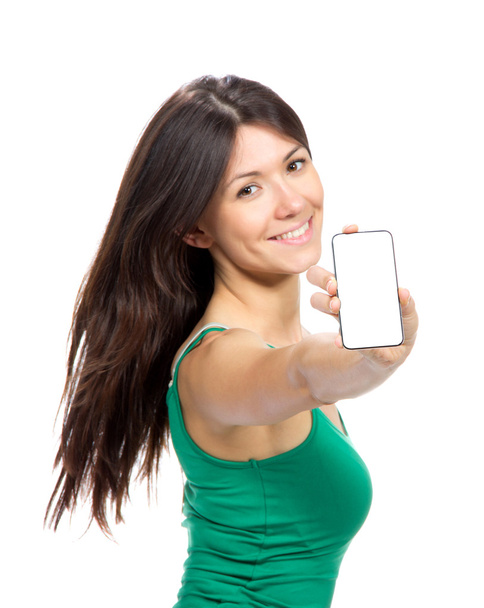Young woman show display of mobile cell phone with black screen - Фото, изображение