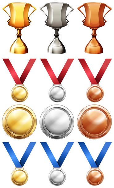 Different sport trophies and medals - Vektör, Görsel