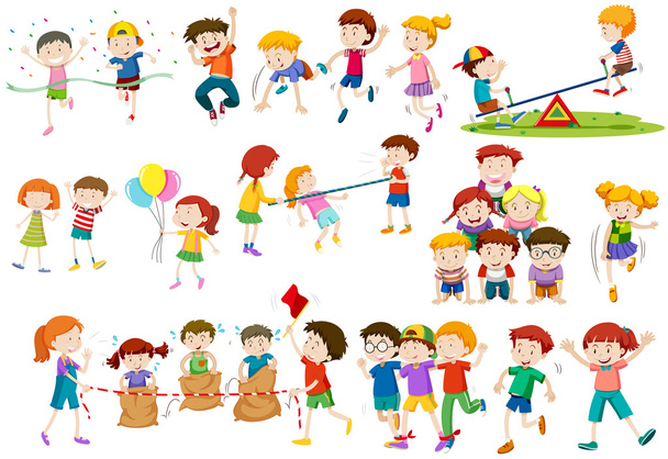 Kinder spielen verschiedene Spiele und Aktivitäten - Vektor, Bild