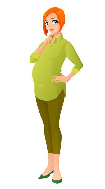 Beautiful pregnant redhead woman thinking. Vector illustration. - Вектор,изображение