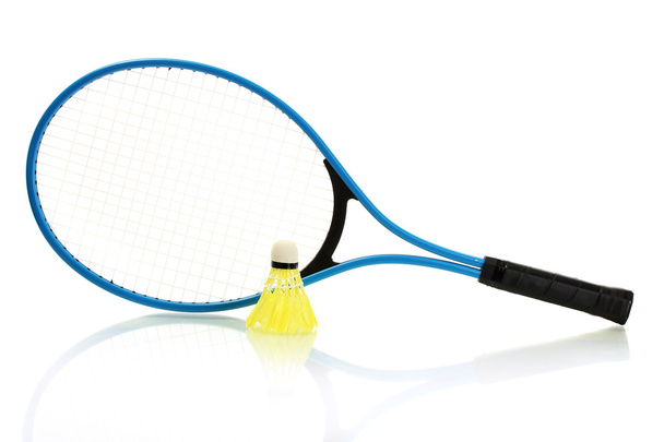 Badminton racket and shuttlecock isolated on white - Fotografie, Obrázek