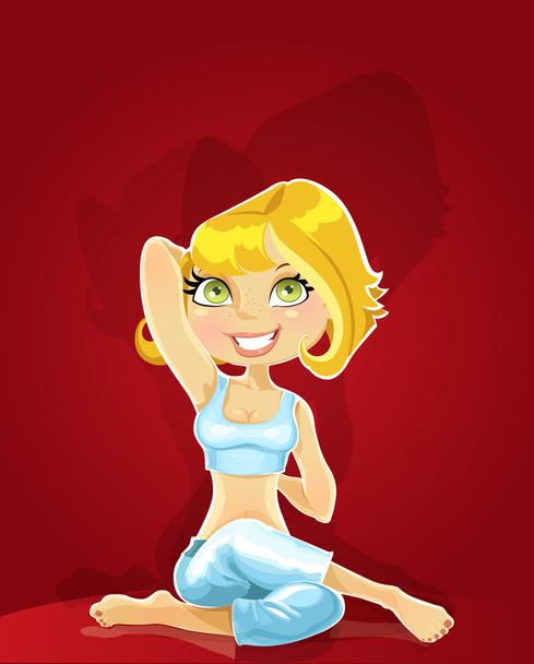 Cute blond girl in a yoga pose gomukha asana on red background - Vector, Imagen