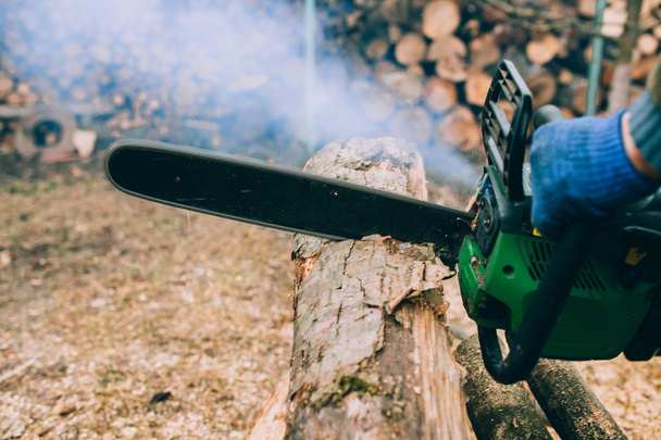 male hands cutting trunk with chainsaw - Φωτογραφία, εικόνα