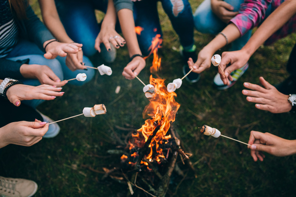 Bâtonnets avec guimauves au-dessus du feu de camp
  - Photo, image