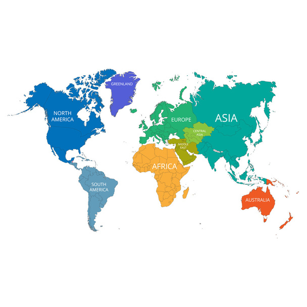 Mapa del mundo con los nombres de los continentes. Ilustración vectorial
. - Vector, Imagen