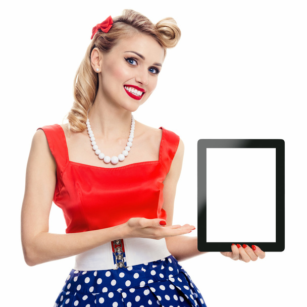 woman, showing blank no-name tablet pc monitor, with copyspace - Foto, imagen