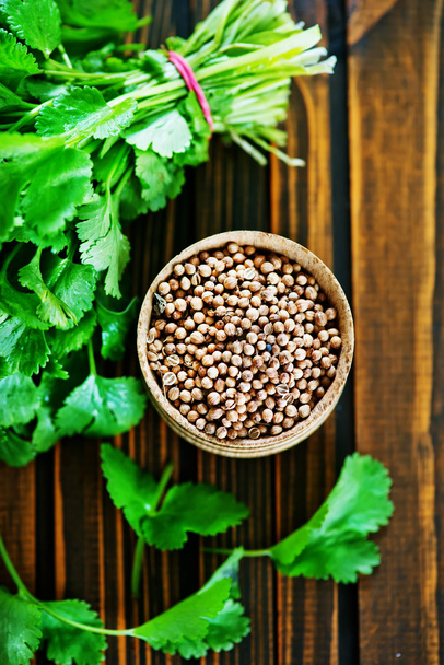 coriander in bowl and on a table  - Foto, imagen