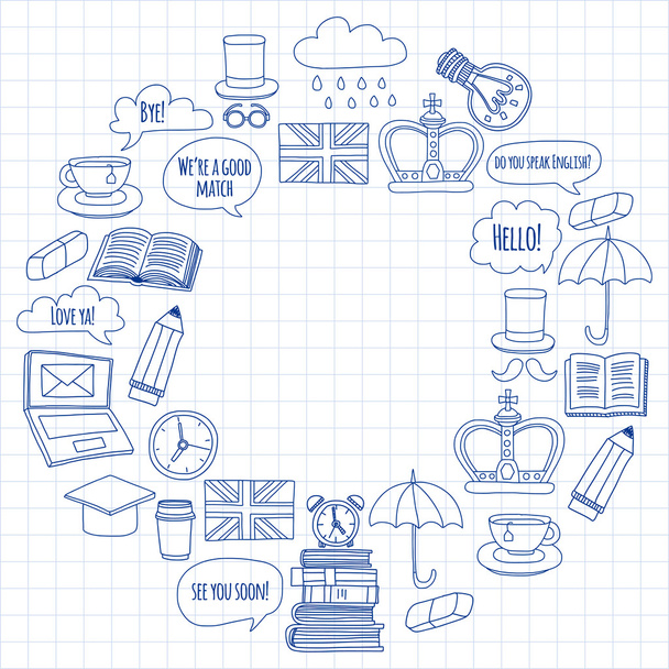 Vektor doodle minták angol nyelvtanfolyamok nyelviskola - Vektor, kép