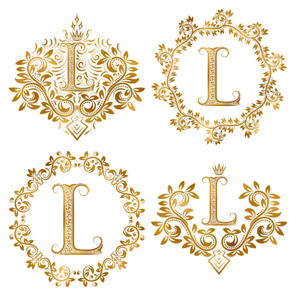 Gouden letter L vintage monogrammen instellen. - Vector, afbeelding