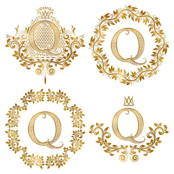 Набор винтажных монограмм из золотой буквы Q
.  - Вектор,изображение