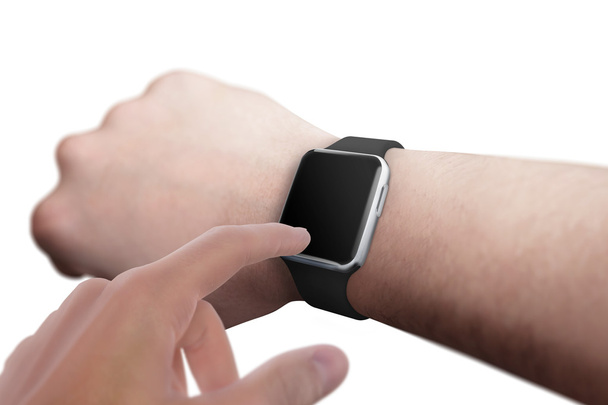 Smart watch on hand with blank screen for mockup. Isolated white scene. - Photo, Image