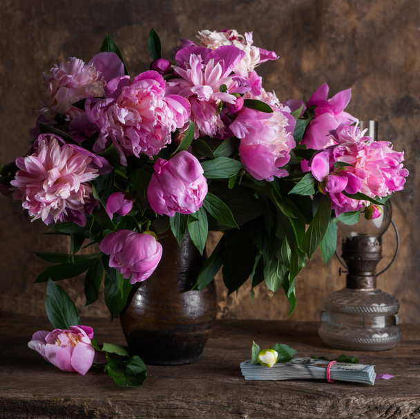  Pink peonies and  pack of dollars - Photo, Image