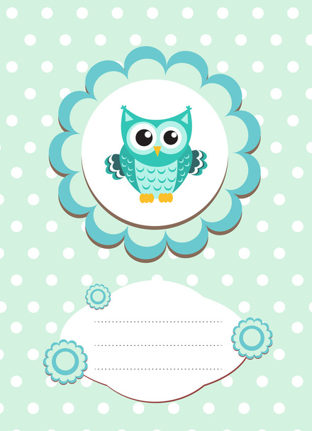 baby card cute owl, baby owl invitation, frame for text cute animal, cartoon owl vector illustration - Wektor, obraz