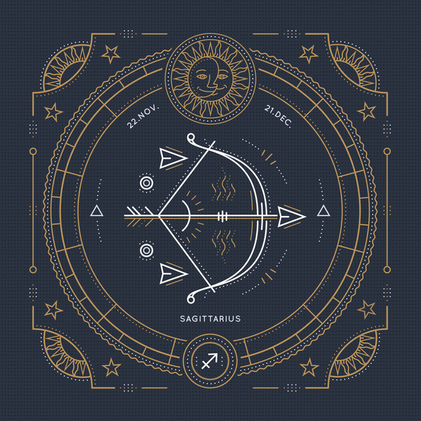 Vintage thin line Sagittarius zodiac sign label. Retro vector astrological symbol, mystic, sacred geometry element, emblem, logo. Stroke outline illustration. - Vektori, kuva
