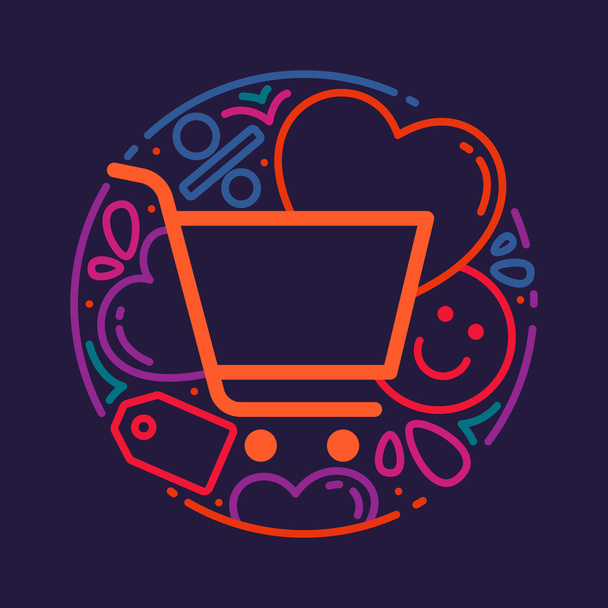 Shopping cart icon, hearts and smile. - Vector, Image