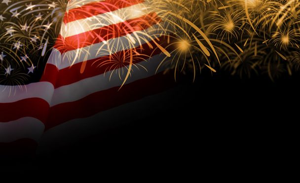 Mão segurando coração de papel vermelho e bandeira dos EUA no backgroun fogos de artifício
 - Foto, Imagem