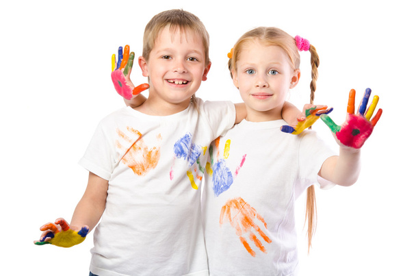 Funny boy and girl with hands painted in colorful paint  isolate - Foto, Bild