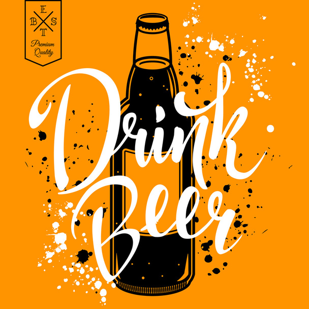 Retro vector illustration with bottle of beer with lettering and splashes - Διάνυσμα, εικόνα