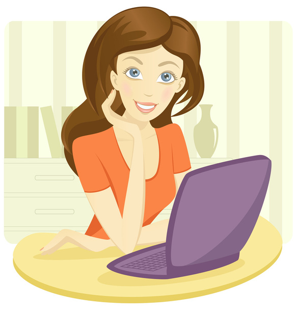 Pretty young woman sitting with a laptop - Vecteur, image