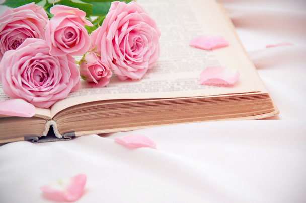 Τριαντάφυλλα και παλιό βιβλίο. Τονισμένη εικόνα - Φωτογραφία, εικόνα