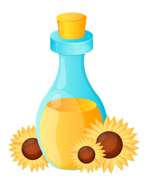 Подсолнечное масло. Бутылка и цветы. Векторная иллюстрация
 - Вектор,изображение