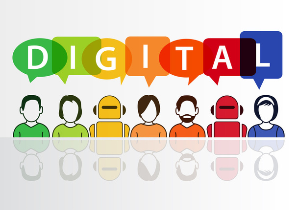 Dijital ve dijitalleştirme kavramsal arka plan. Vektör çizim renkli grup insanlar ve robotlar - Vektör, Görsel