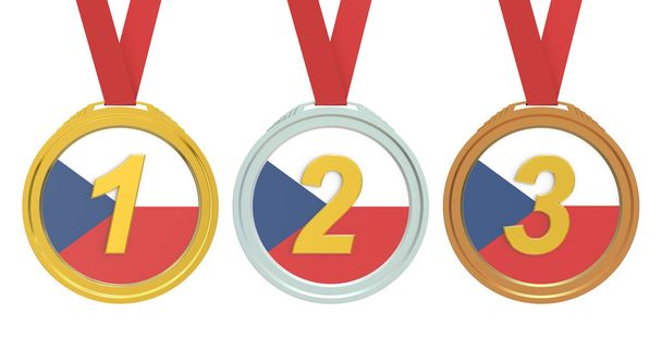 Gold, Silver and Bronze medals with Czech Republic flag, 3D rend - Foto, Imagem