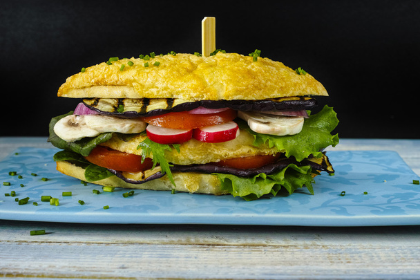 Zdravé vegetariánské vegetariánský sendvič s rajčaty ředkvičky grilovaný lilek - Fotografie, Obrázek