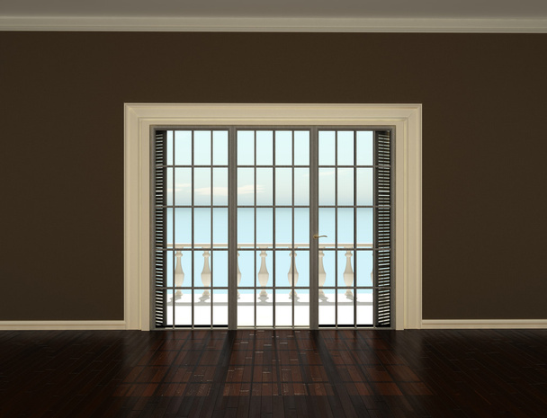 Chambre intérieure vide avec murs beiges et fenêtres donnant sur la terrasse
 - Photo, image