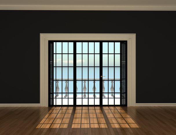 Chambre intérieure vide avec murs gris et fenêtres donnant sur la terrasse
 - Photo, image