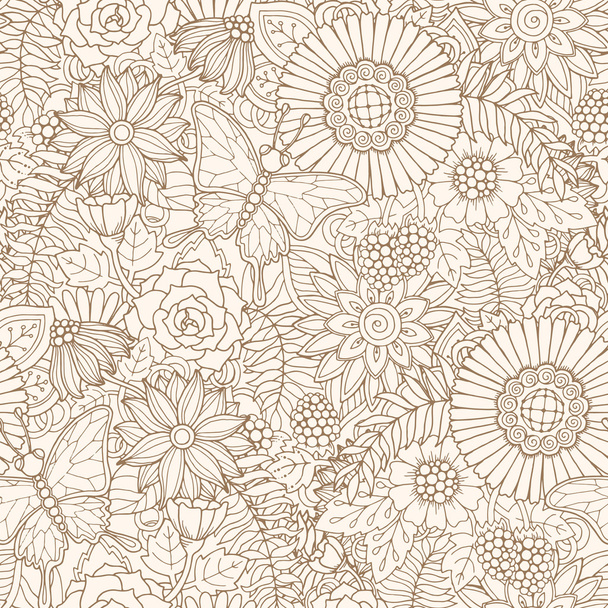 Seamless pattern with flowers and butterfly. Ornate zentangle se - Vektör, Görsel