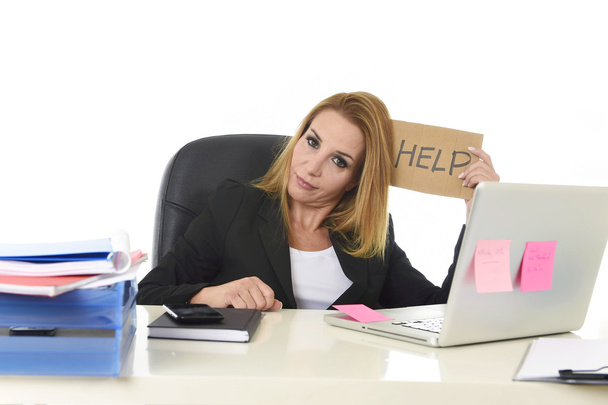 40s businesswoman holding help sign working desparate suffering  - Photo, Image