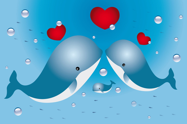 Lovely card with family of whales and hearts - Vektor, kép