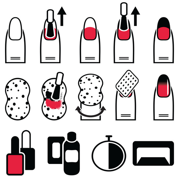 Kobiece manicure żel & hybrydowy poziome ombre manicure stylu z wykorzystaniem procesu gąbka pod lampą uv w kolorze - Wektor, obraz