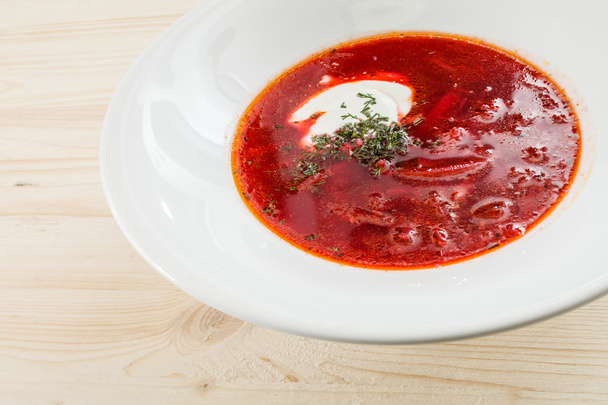 beetroot soup in white plate - Photo, image