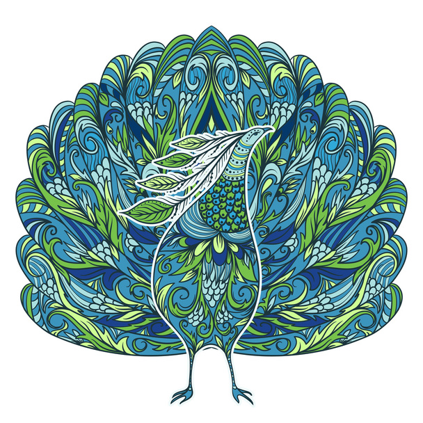 Pfau. Vintage Fantasie Vogel mit floralem Ornament. bunte handgezeichnete Vektor-Illustration. - Vektor, Bild