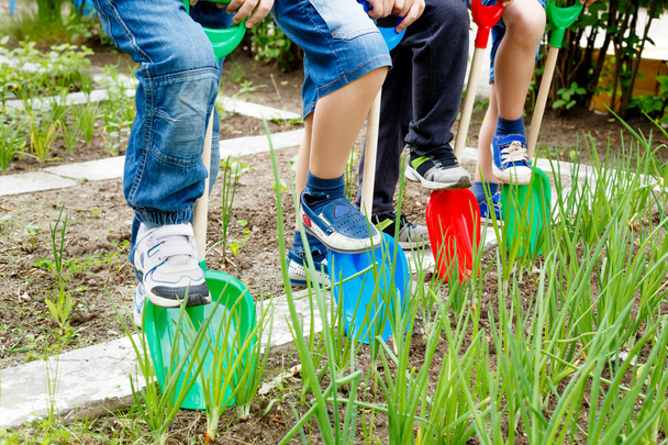 A group of children play with plastic shovels in the garden - Photo, Image
