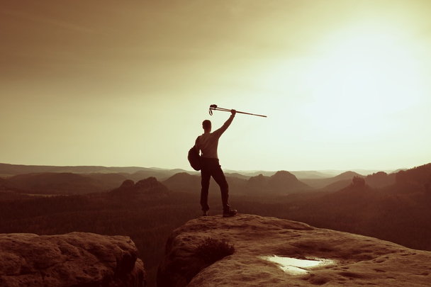Turista na vrcholu. Muž v jeho cíl s holemi v rukou ve vzduchu - Fotografie, Obrázek
