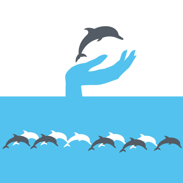 旅行代理店のロゴ。イルカと海をデザインします。人間の手とイルカと青い海 - ベクター画像