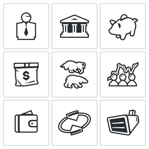 Vektor-Set von Austauschsymbolen. Broker, Bank, Sparschwein, Geld, Stier und Bär, Zitate, Geldbörse, Monitor. - Vektor, Bild
