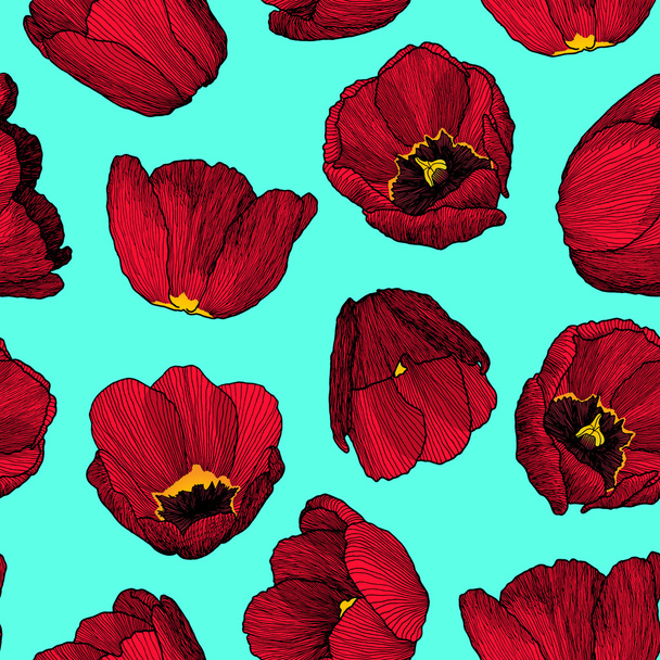 Vector graphic hand-drawn ink seamless pattern of red tulip - Vector, Image