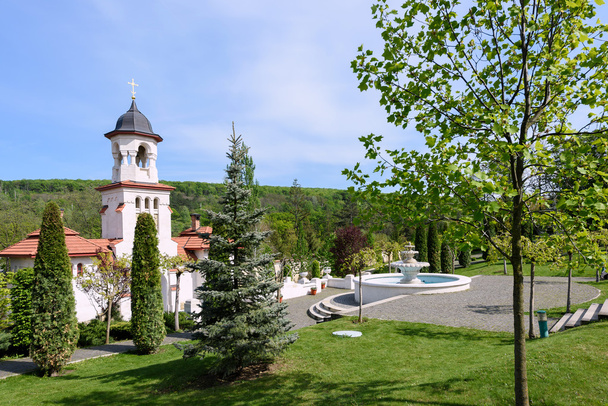 Bell tower en bekken op orthodoxe Curchi klooster in Moldavië met groene bomen en blauwe hemel - Foto, afbeelding