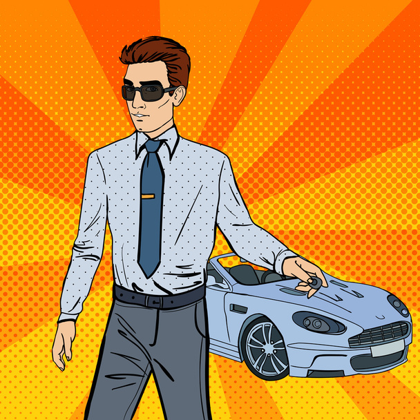 Empresario exitoso. Hombre sosteniendo una llave del coche. Arte Pop. Ilustración vectorial
 - Vector, Imagen