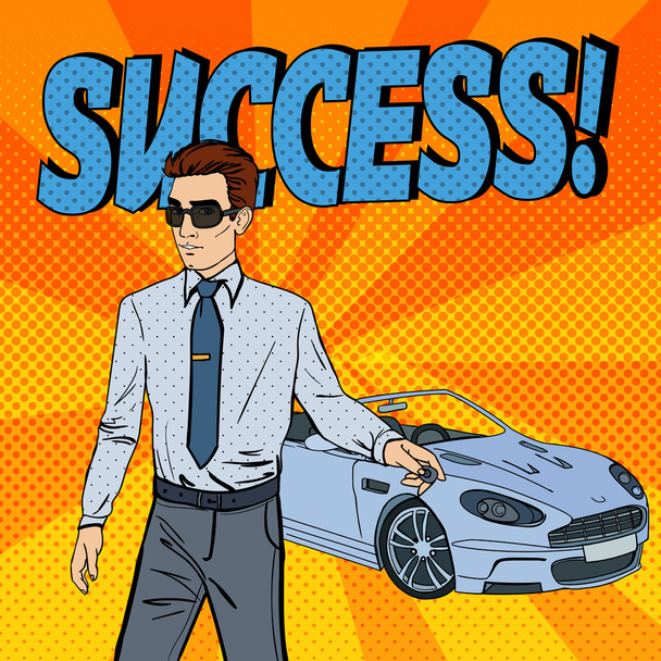 Udany biznesmen. Człowiek trzyma klucz samochodowy. Pop-art. Ilustracja wektorowa - Wektor, obraz