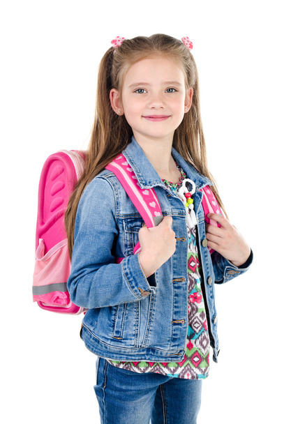 Portrait of smiling schoolgirl with backpack isolated  - Foto, Imagen