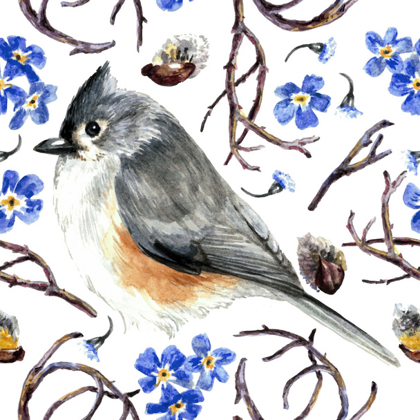 Akvarell szürke madár a fehér háttér előtt. Tavasz minta - Fotó, kép