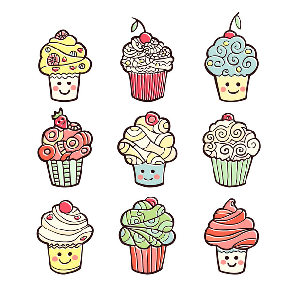Set of colorful sweet cupcakes isolated on white background. - Vetor, Imagem
