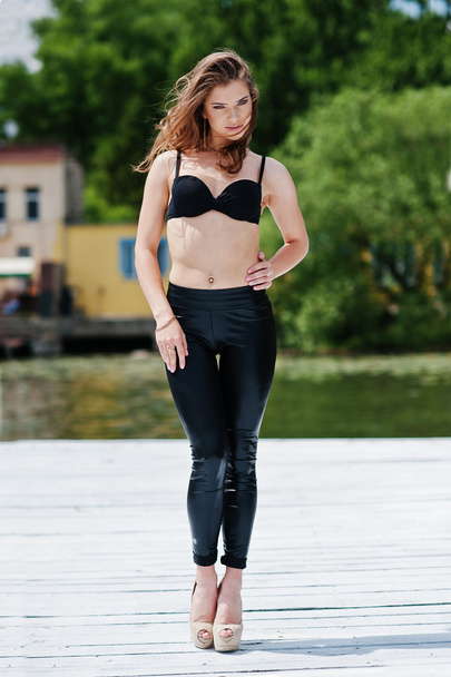 Full lenght portrait of gorgeous sexy brunette girl in black bra - Photo, image