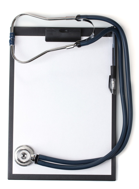 Stethoscope and black clipboard isolated on white - Photo, image